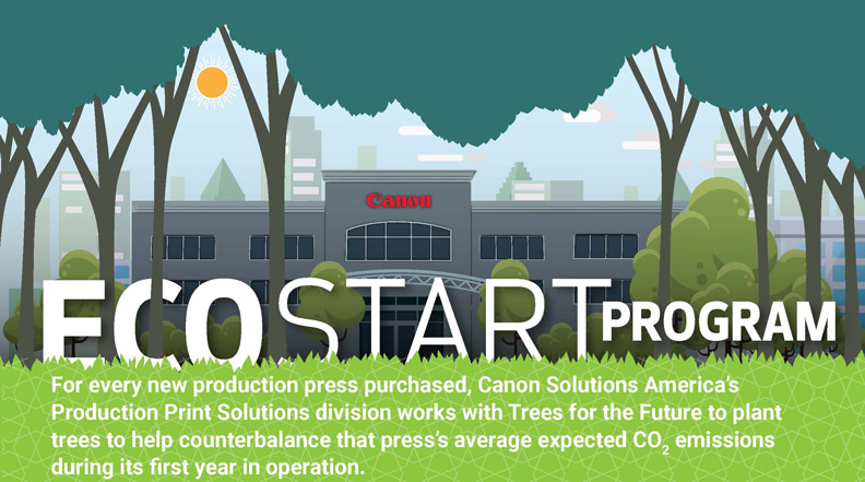 ECO START PROGRAM. For every production press purchased, Canon Solutions America’s Production Print Solutions division works with Trees for the Future to plant trees to help counterbalance that press’s average expected CO2 emissions during its first year in operation.
